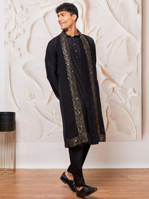 Men's Black Viscose Kurta, Pyjama And Dupatta Set